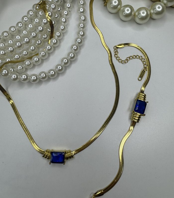 Lacivert Swarovski Çelik Kolye & Bileklik Set