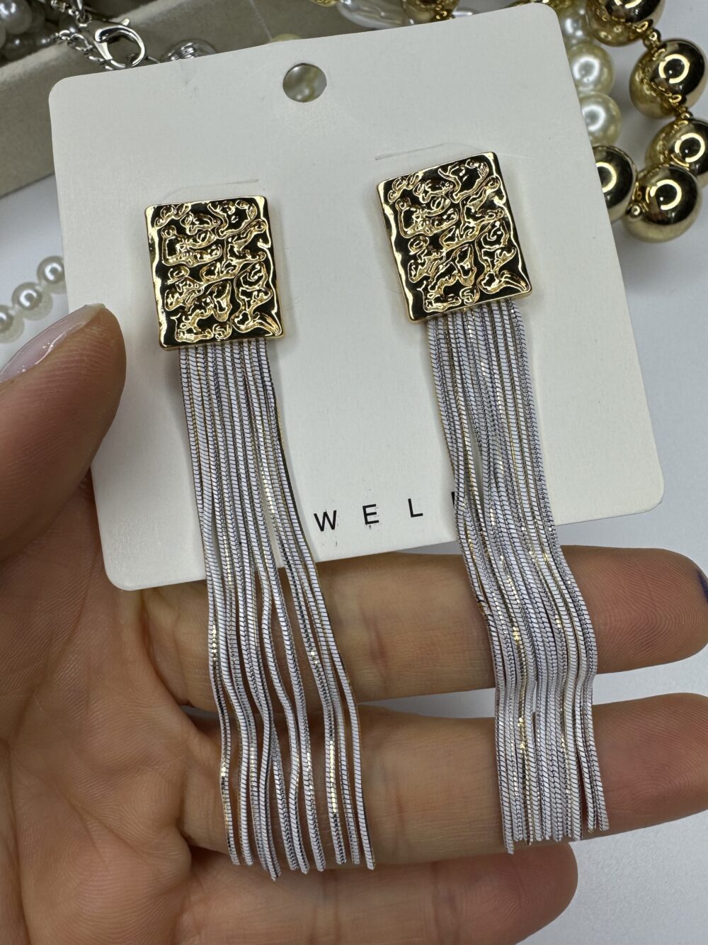 Kare Gold-Silver Çoklu Uzun Küpe - Görsel 2