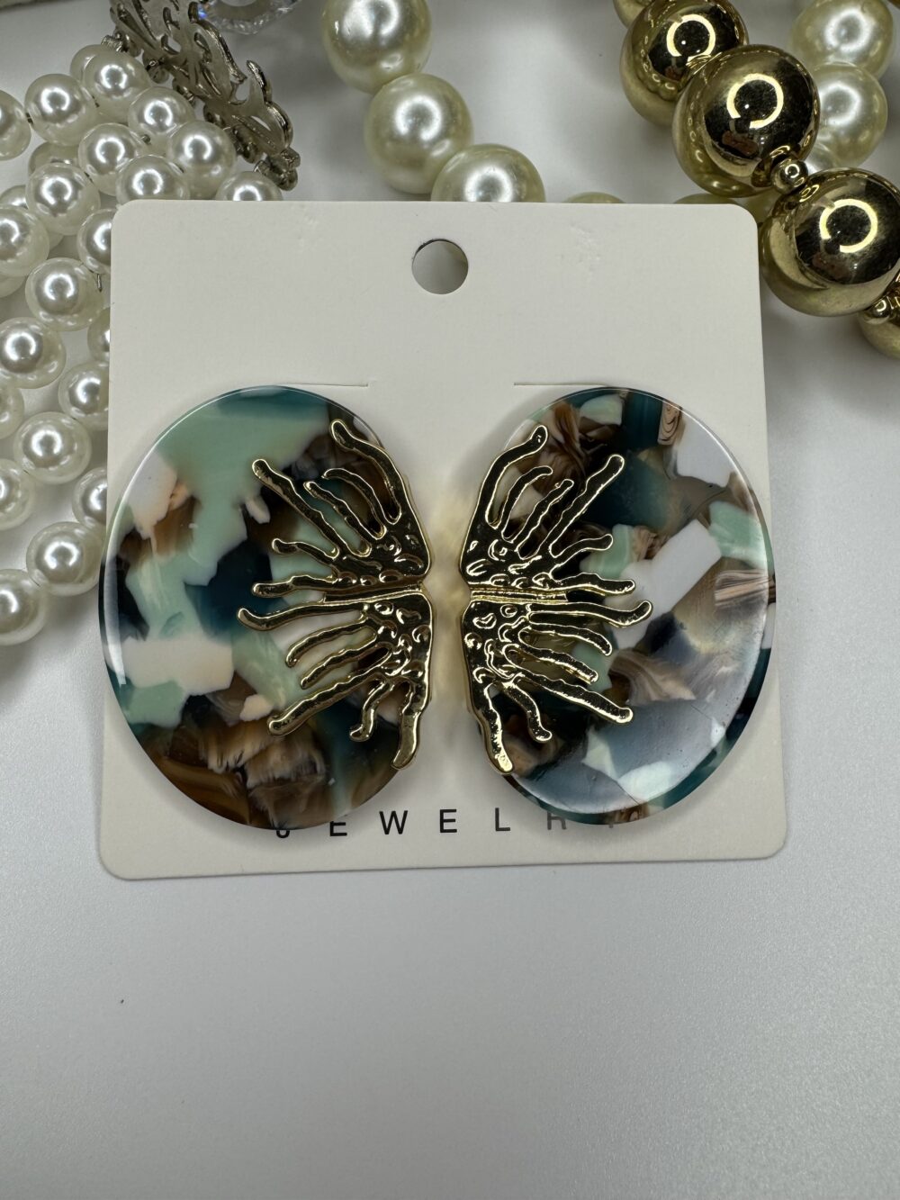 Yeşil Kahve Mermer Desenli Gold küpe - Görsel 2