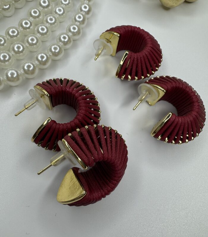Bordo Altın Detaylı Halka Küpe