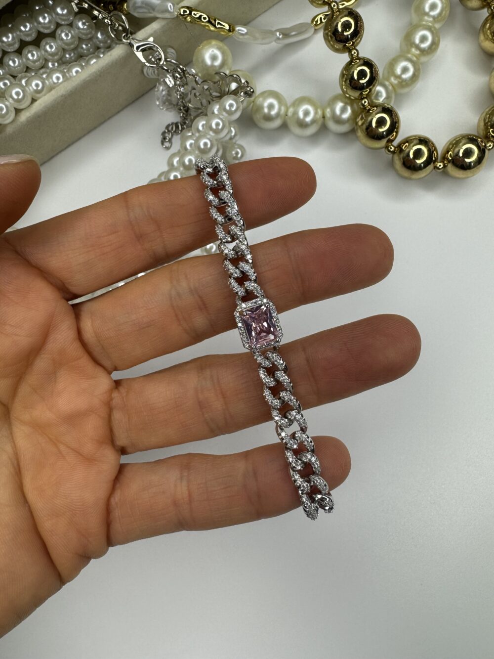 Baget Pembe Zirkonyum Taşlı Zincir Bileklik - Görsel 2