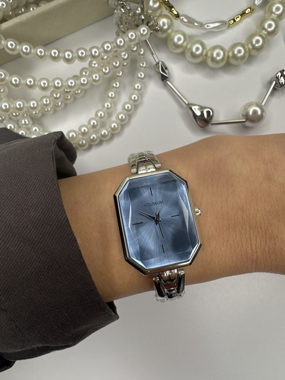 Kristal Cam Mavi Silver Metal Kordon Saat
