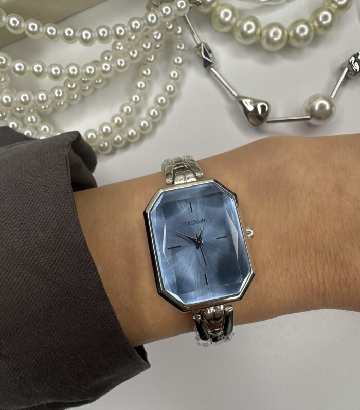 Kristal Cam Mavi Silver Metal Kordon Saat