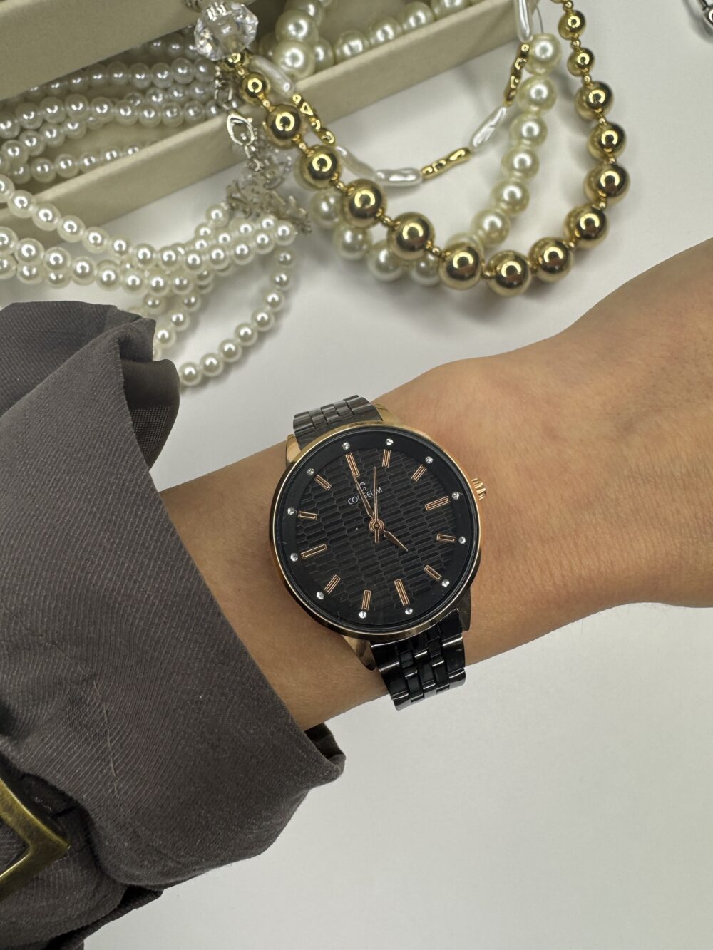 Yuvarlak Rose Gold Kasa siyah Çelik Kordon Saat