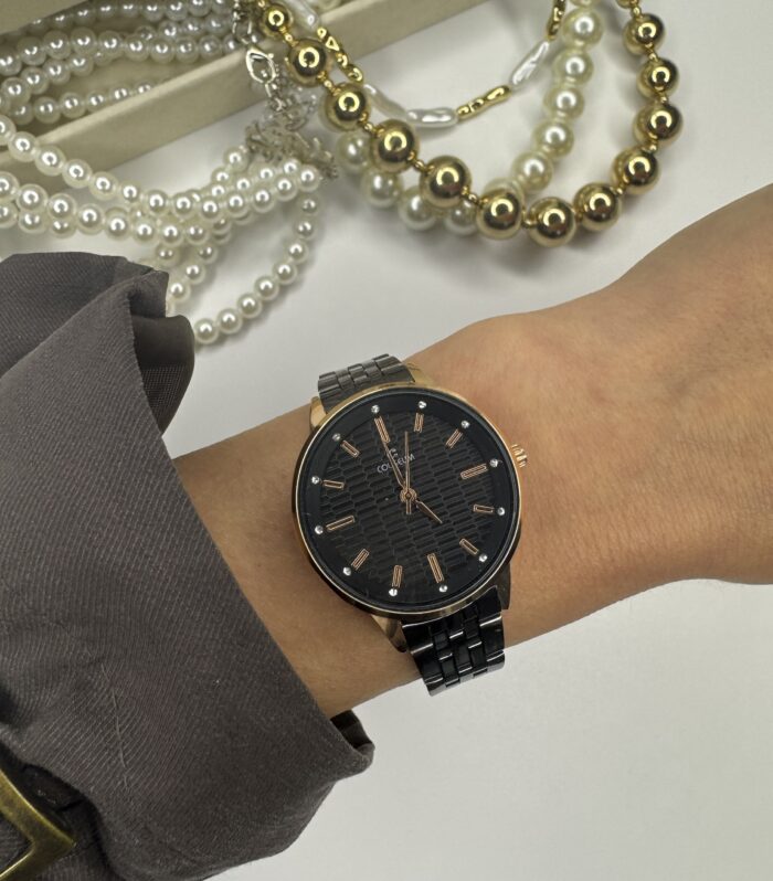 Yuvarlak Rose Gold Kasa siyah Çelik Kordon Saat