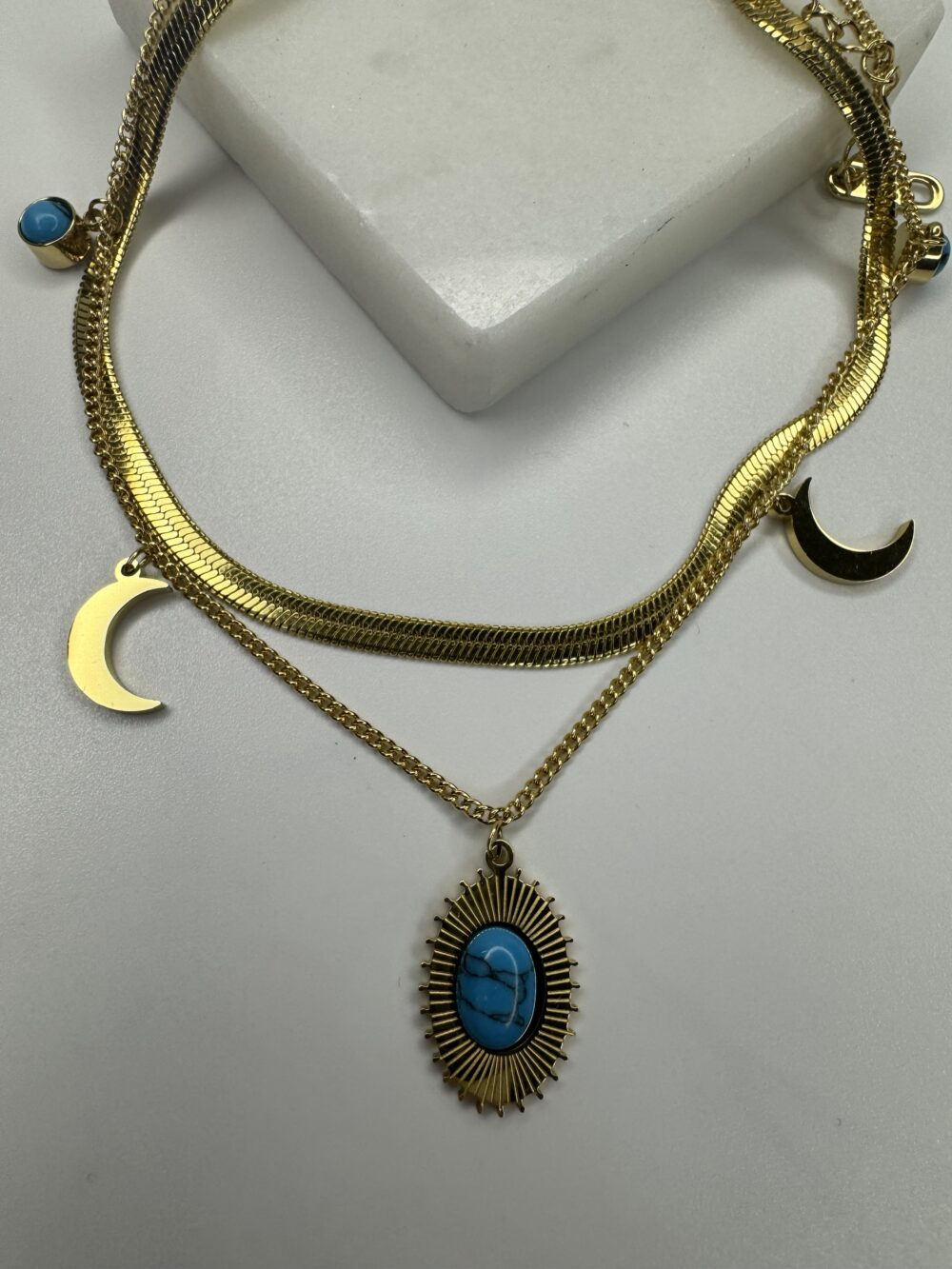 Çelik Gold Renk Çift Sıra Mavi Halhal