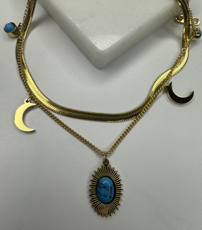 Çelik Gold Renk Çift Sıra Mavi Halhal