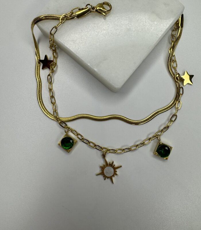 Zümrüt Rengi Gold Çift Sıra Halhal