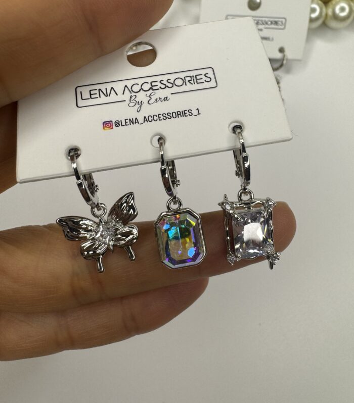 Üçlü Silver Kristal Kelebek Küpe