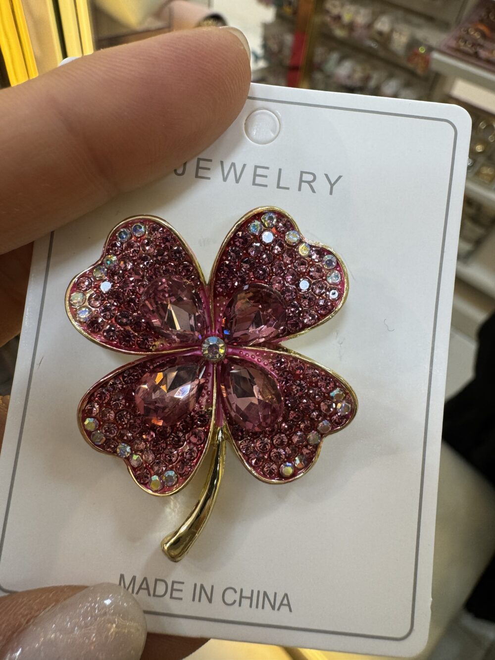 Pembe Taşlı Yonca Gold Broş
