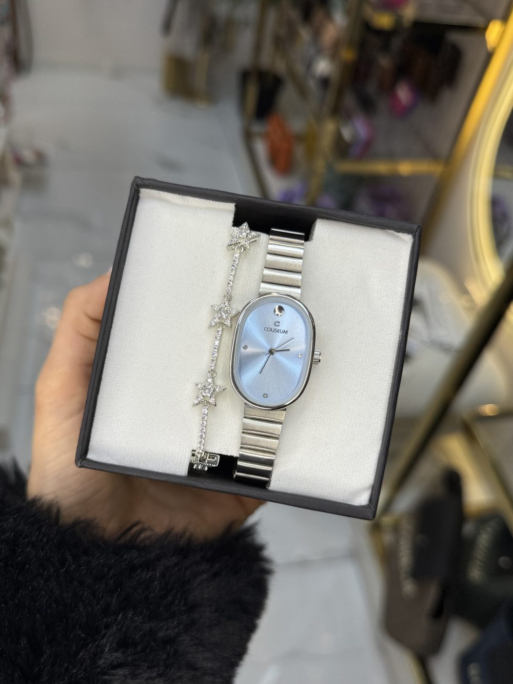Oval Mavi ekran Silver Çelik Saat Set