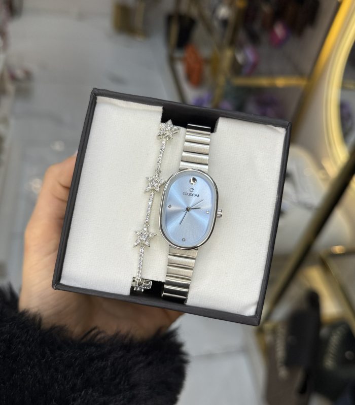 Oval Mavi ekran Silver Çelik Saat Set