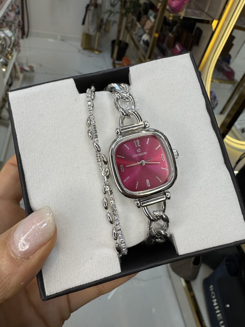 Kare Bordo Silver Saat  Ve Bileklik Set
