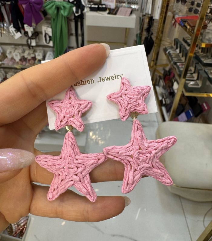 Pembe Hasır Yıldız Küpe