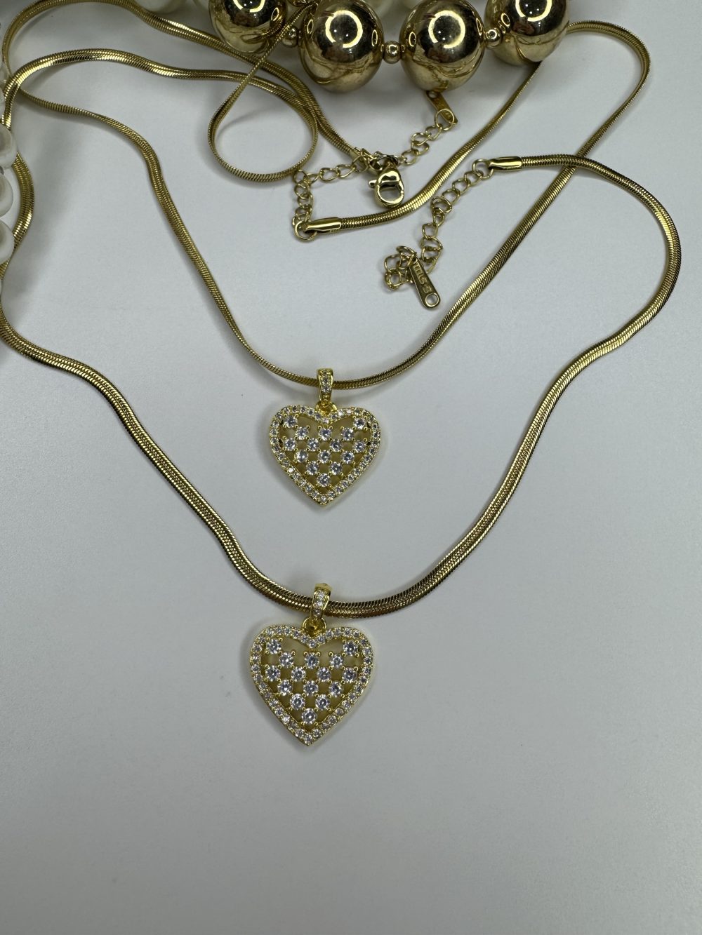 İtalyan Zincir Gold Kalp Damalı Taşlı Çelik Kolye - Görsel 3