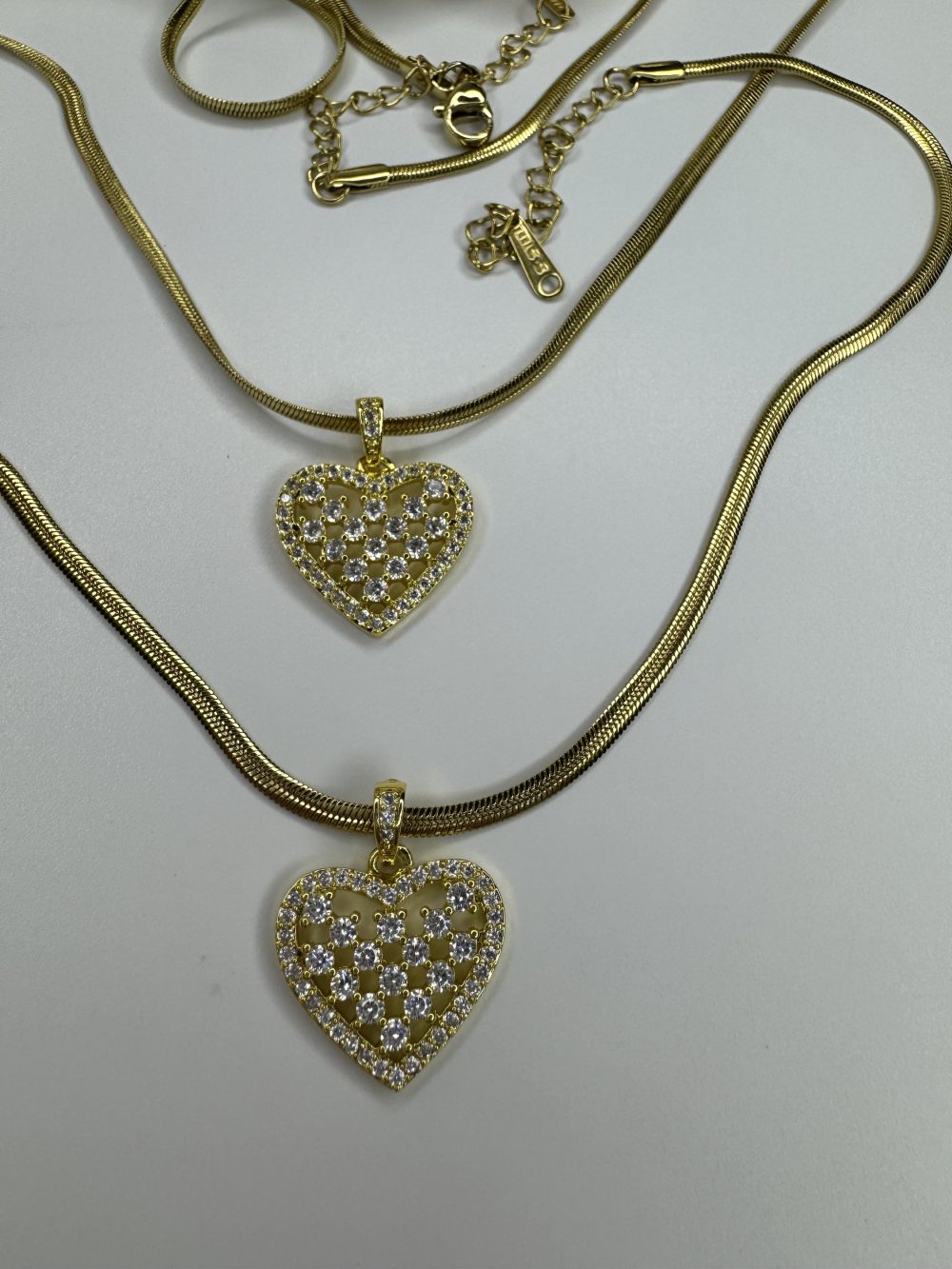 İtalyan Zincir Gold Kalp Damalı Taşlı Çelik Kolye - Görsel 4