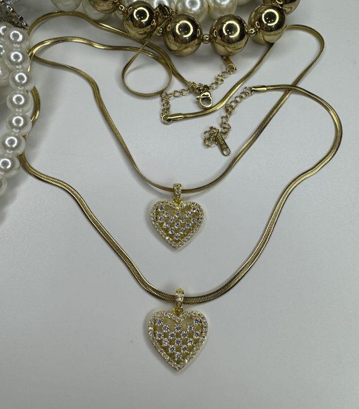 İtalyan Zincir Gold Kalp Damalı Taşlı Çelik Kolye