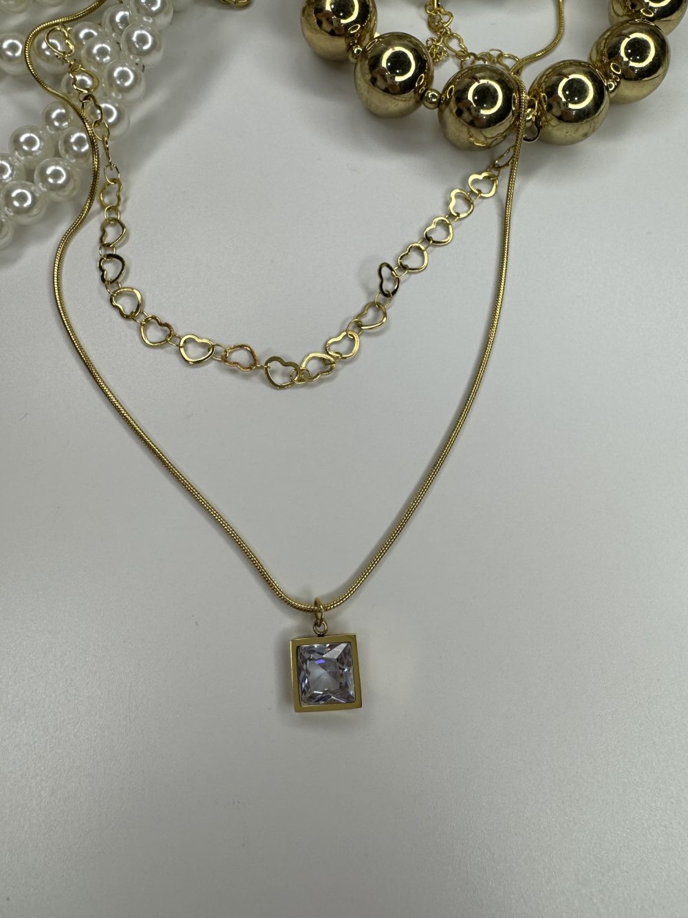 Çelik Gold Çift Sıra Baget Taşlı Kalp Kolye - Görsel 4