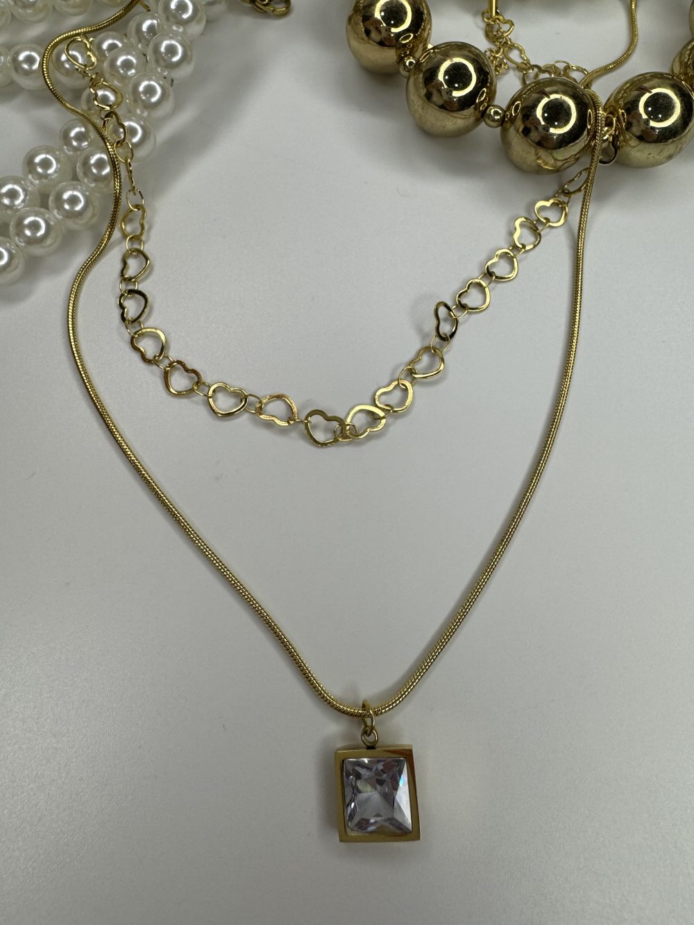 Çelik Gold Çift Sıra Baget Taşlı Kalp Kolye - Görsel 3