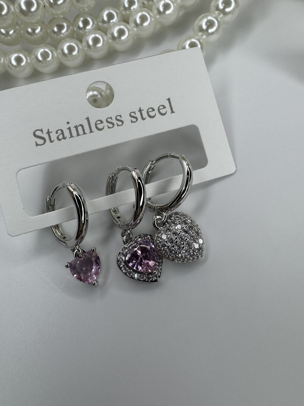 Silver üçlü pembe taşlı Kalp Küpe - Görsel 2