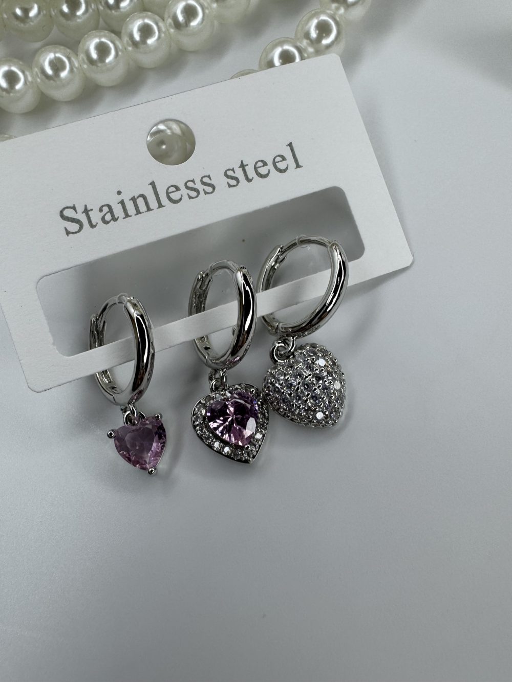 Silver üçlü pembe taşlı Kalp Küpe - Görsel 3