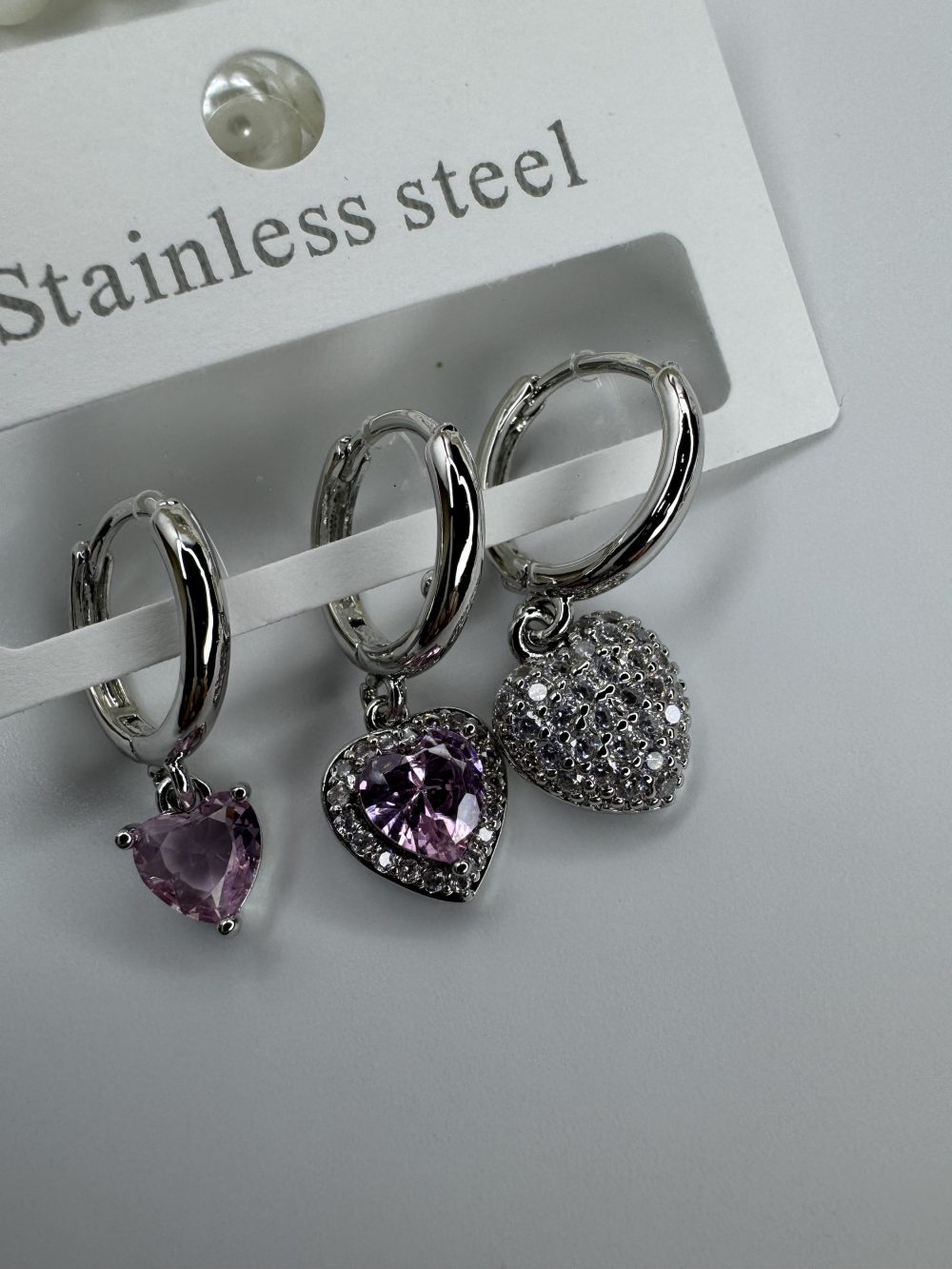 Silver üçlü pembe taşlı Kalp Küpe