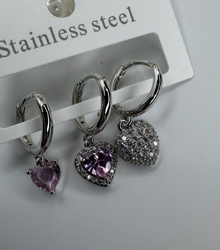 Silver üçlü pembe taşlı Kalp Küpe