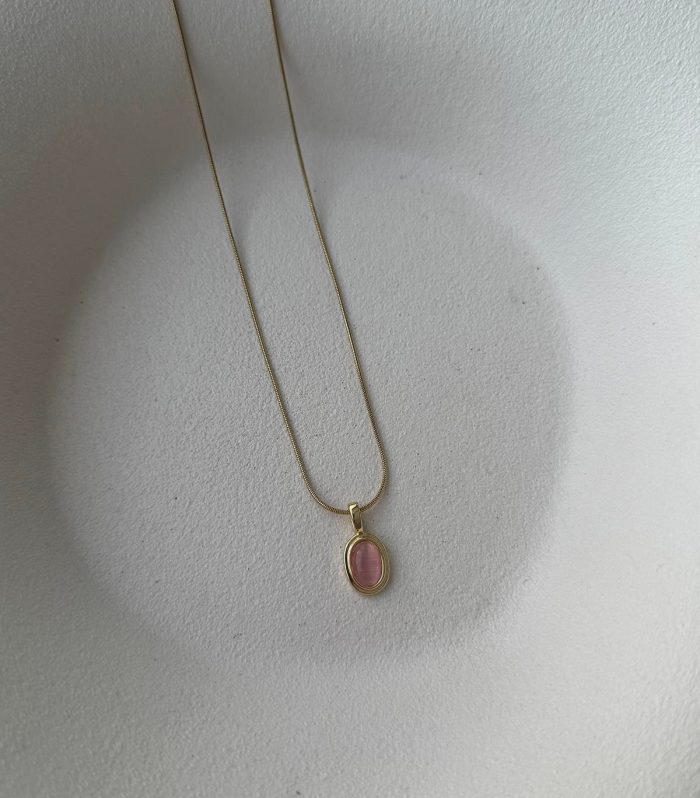Pembe taşlı Çelik Gold Kolye