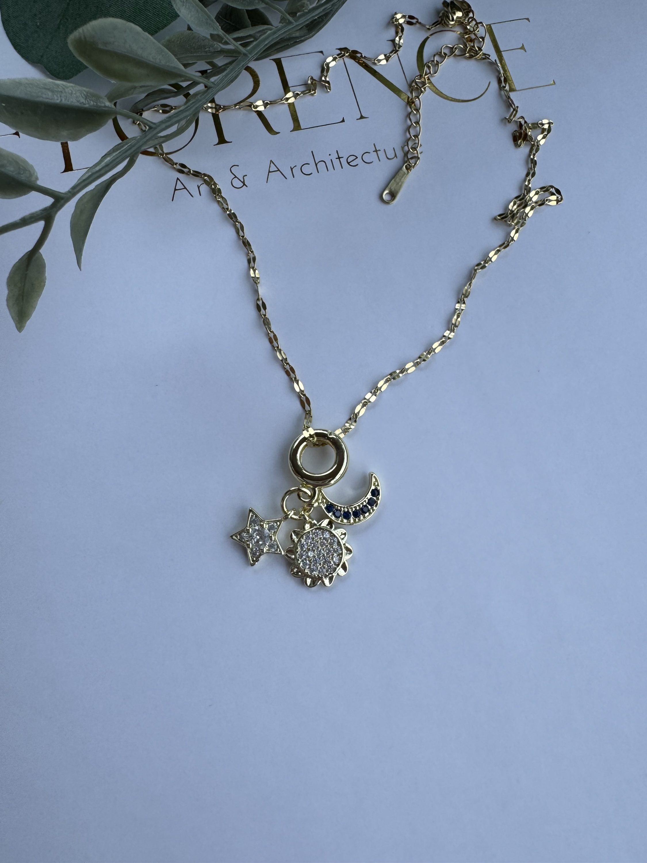 Çelik ay yıldız ve güneş charm kolye