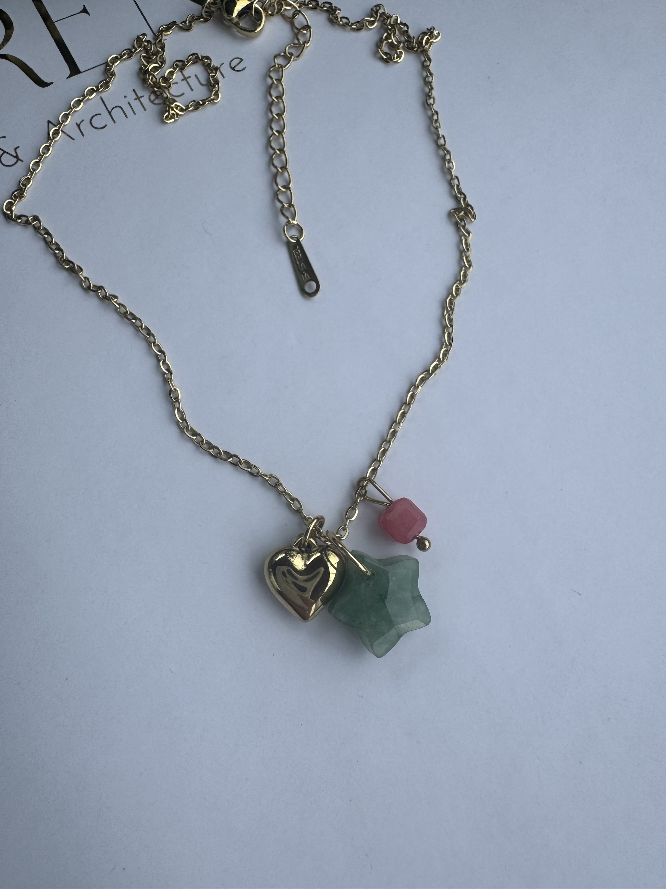 Çelik kalp yıldız ve pembe doğaltaş kolye