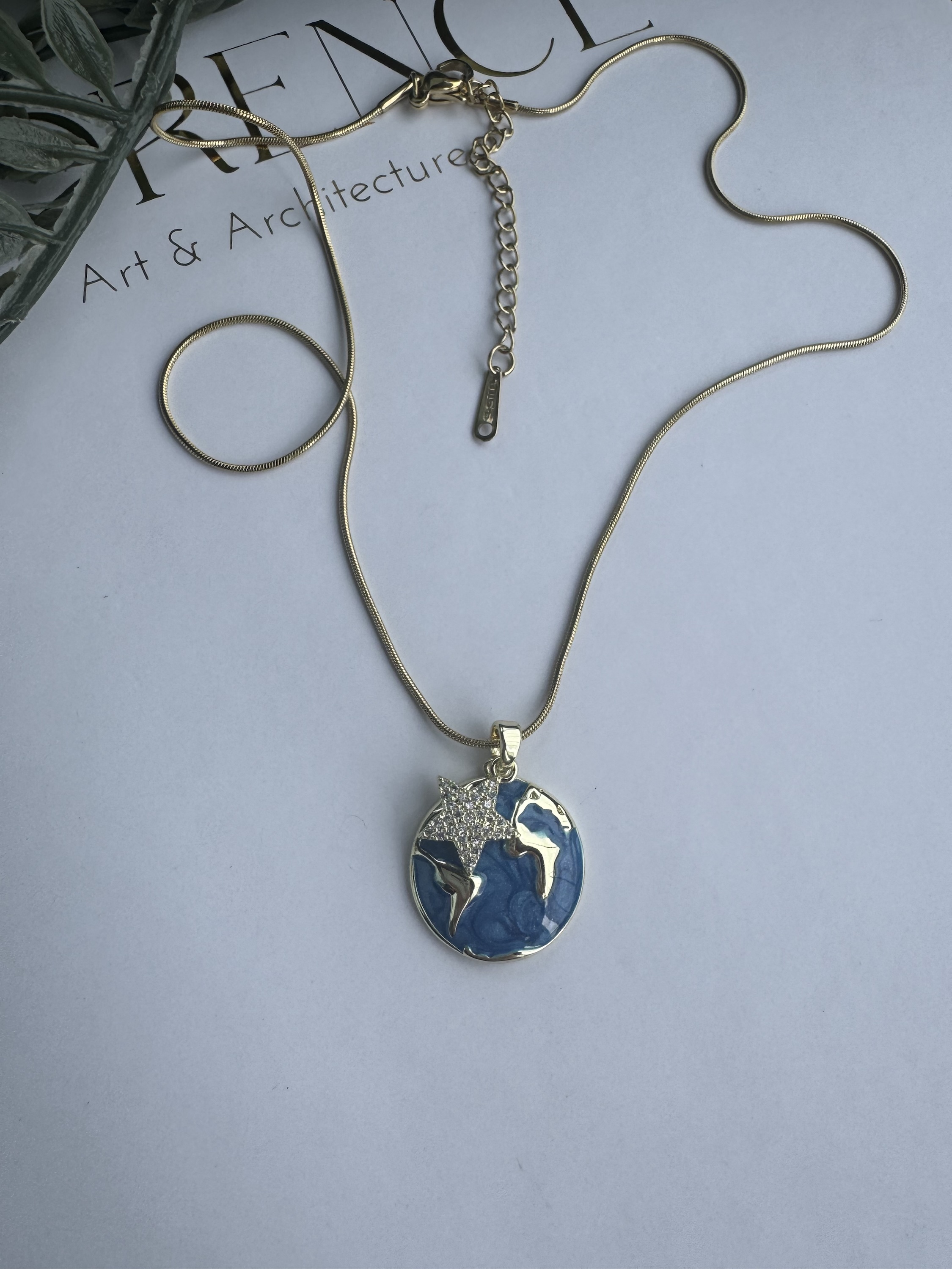 Çelik mavi mineli dünya yıldız kolye